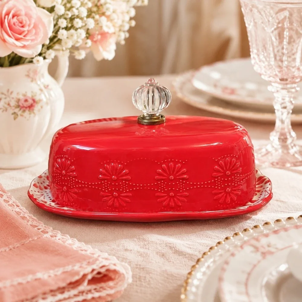 Pioneer Woman Red Floral Bursts Covered Butter Dish Clear Top Knob New